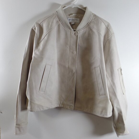 Marc New York Jeans Jacket Women Medium Crop Cream Moto Faux Leather Snap Crew - Picture 1 of 4